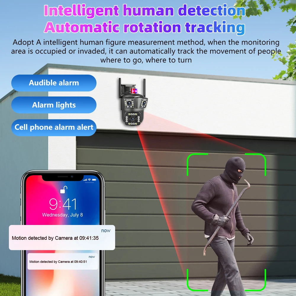 9MP 3Lensens Outdoor Camera 10X Zoom Wireless Security Surveillance Camera AI Human Tracking Audio HD Night Color Camera