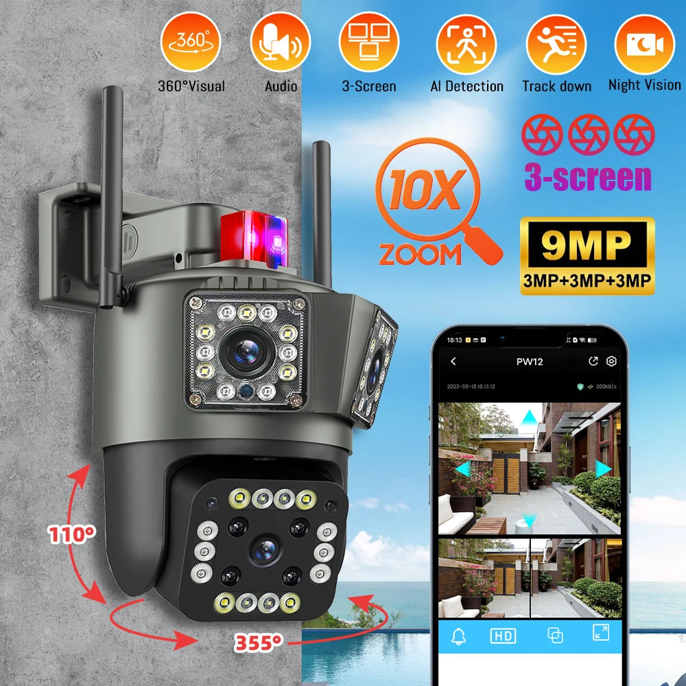 9MP 3Lensens Outdoor Camera 10X Zoom Wireless Security Surveillance Camera AI Human Tracking Audio HD Night Color Camera